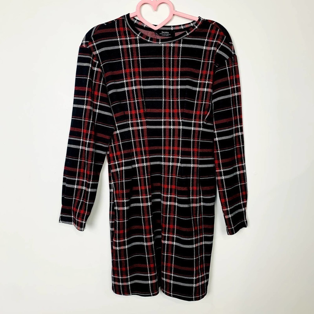 Bershka Plaid Crewneck Long Sleeve Preppy Mini Sheath Dress Black Red Size XS